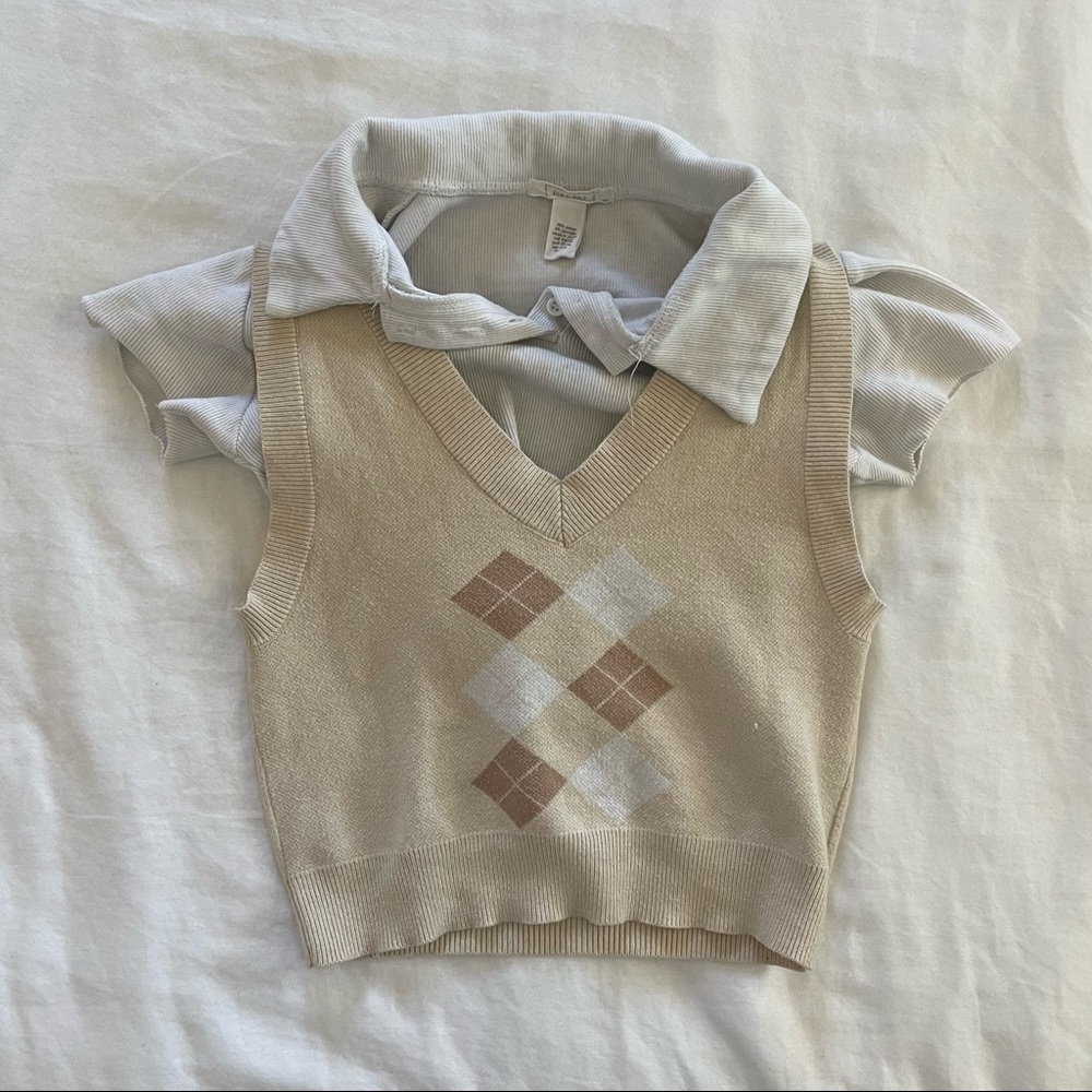 preppy cropped collared shirt and cropped sweater vest combo